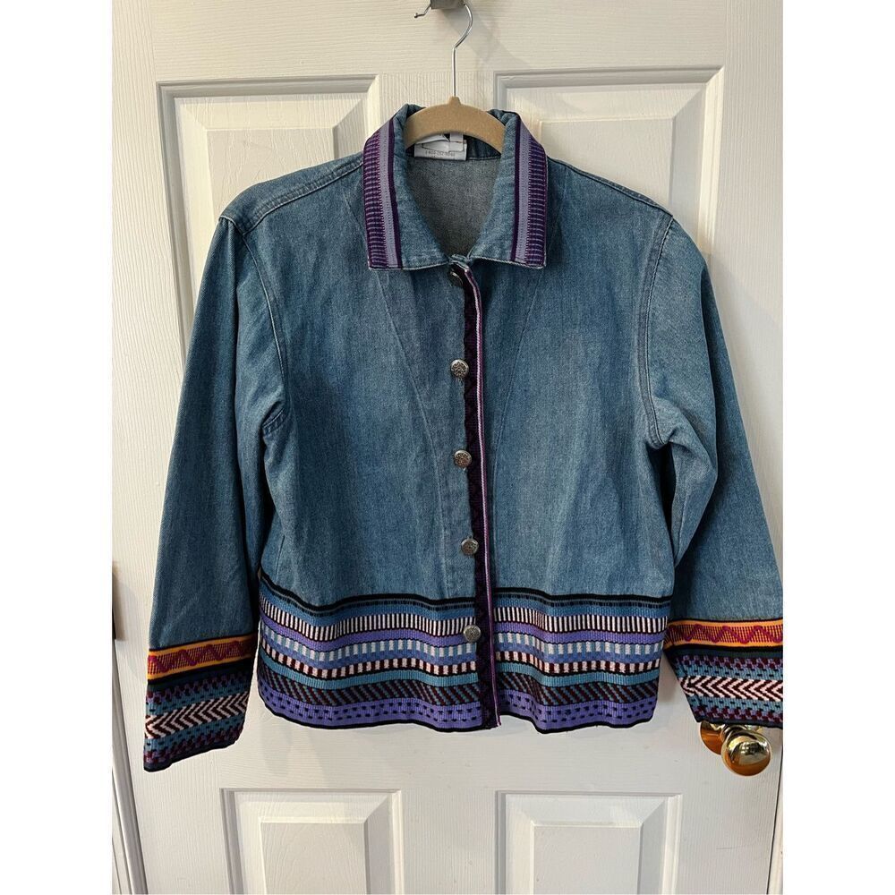 Coldwater Creek Aztec Tribal Ribbon Denim Jacket sz PS EUC
